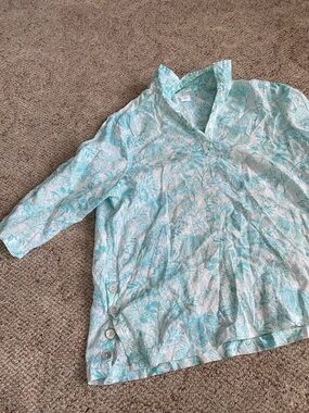 Sigrid Olsen Teal & White Floral Linen Blouse